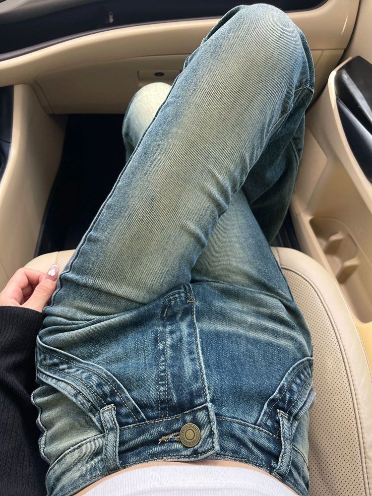 美式復古毛邊微喇牛仔褲女秋季新款高腰修身顯瘦直筒做舊拖地長褲