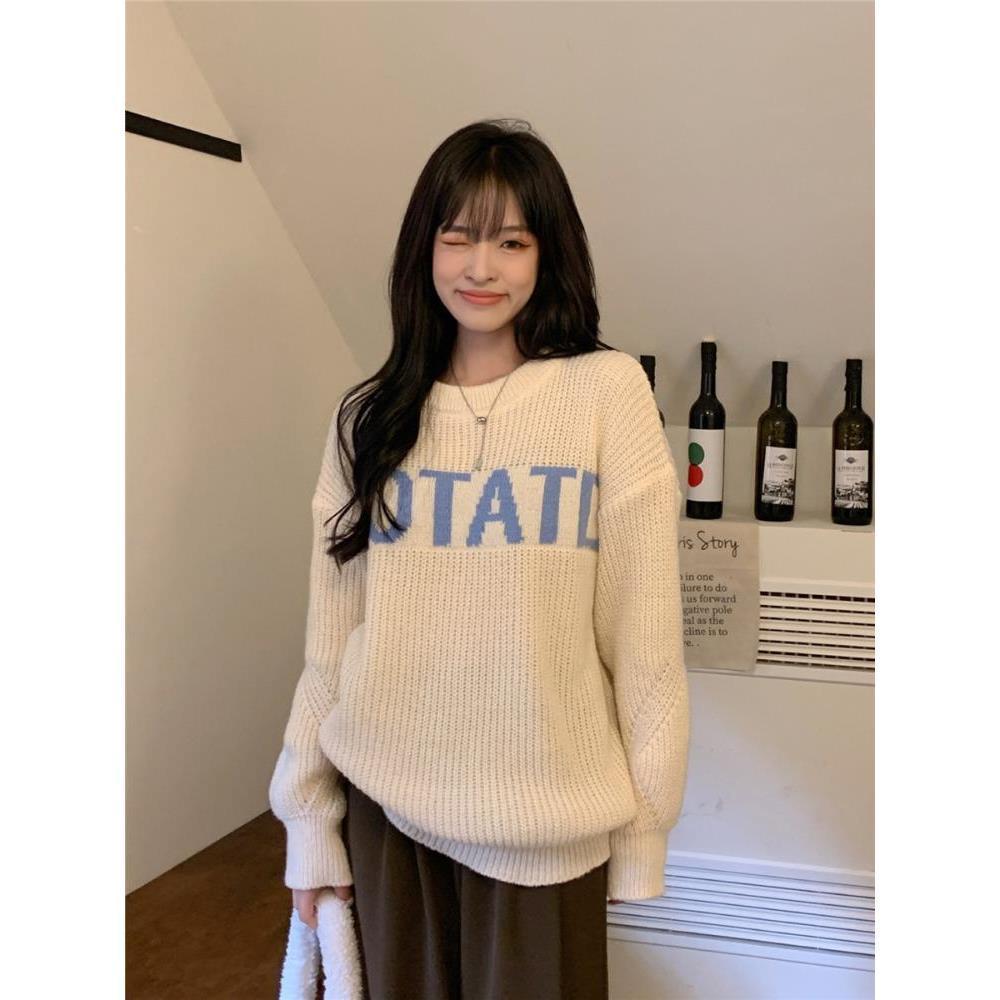 復古字母印花針織毛衣女秋冬2023年新款寬鬆慵懶風軟糯長袖打底衫