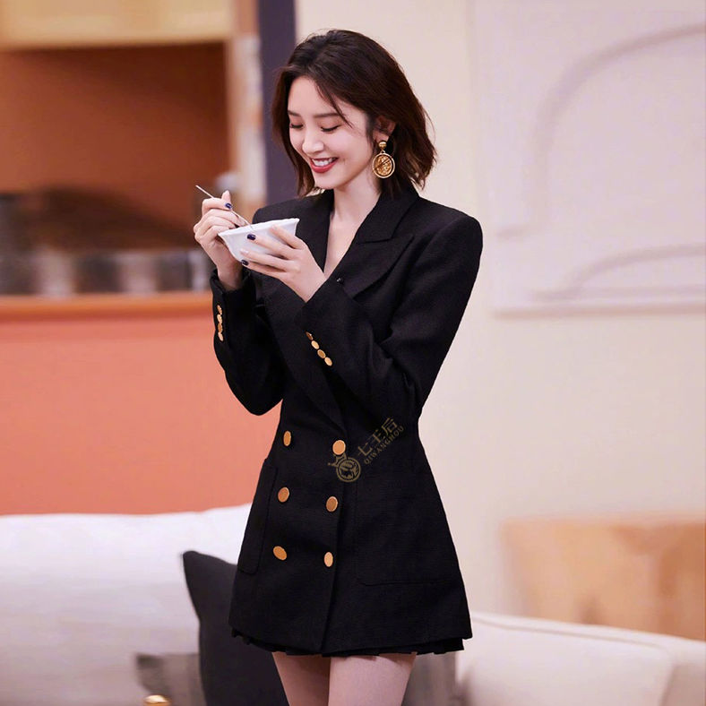 明星同款黑色西裝裙女秋季氣質女神范網紅炸街收腰顯瘦西服連衣裙