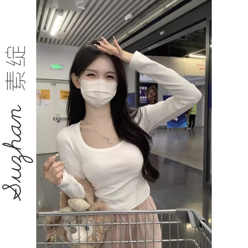 美式修身洋氣短款內搭長袖女秋冬弧形下擺德絨加絨純欲辣妹上衣潮