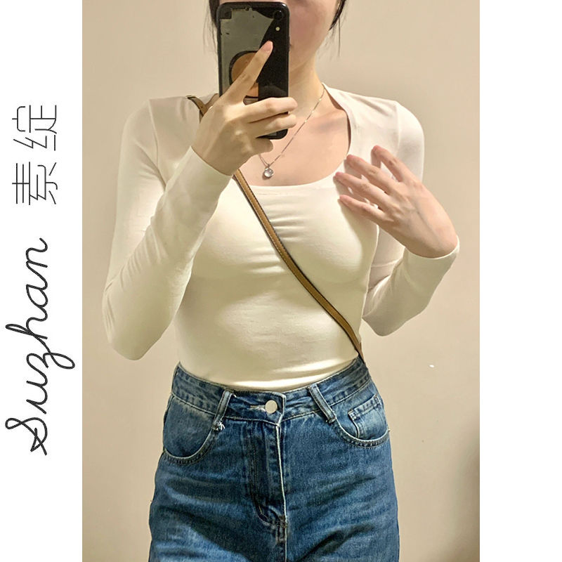 德絨長袖打底衫女秋冬洋氣修身純欲辣妹法式大圓領正肩T恤上衣ins