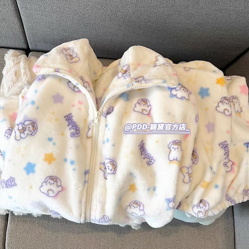 韓版ins可愛小狗珊瑚絨睡衣女秋冬季加厚毛絨學生拉鏈家居服套裝