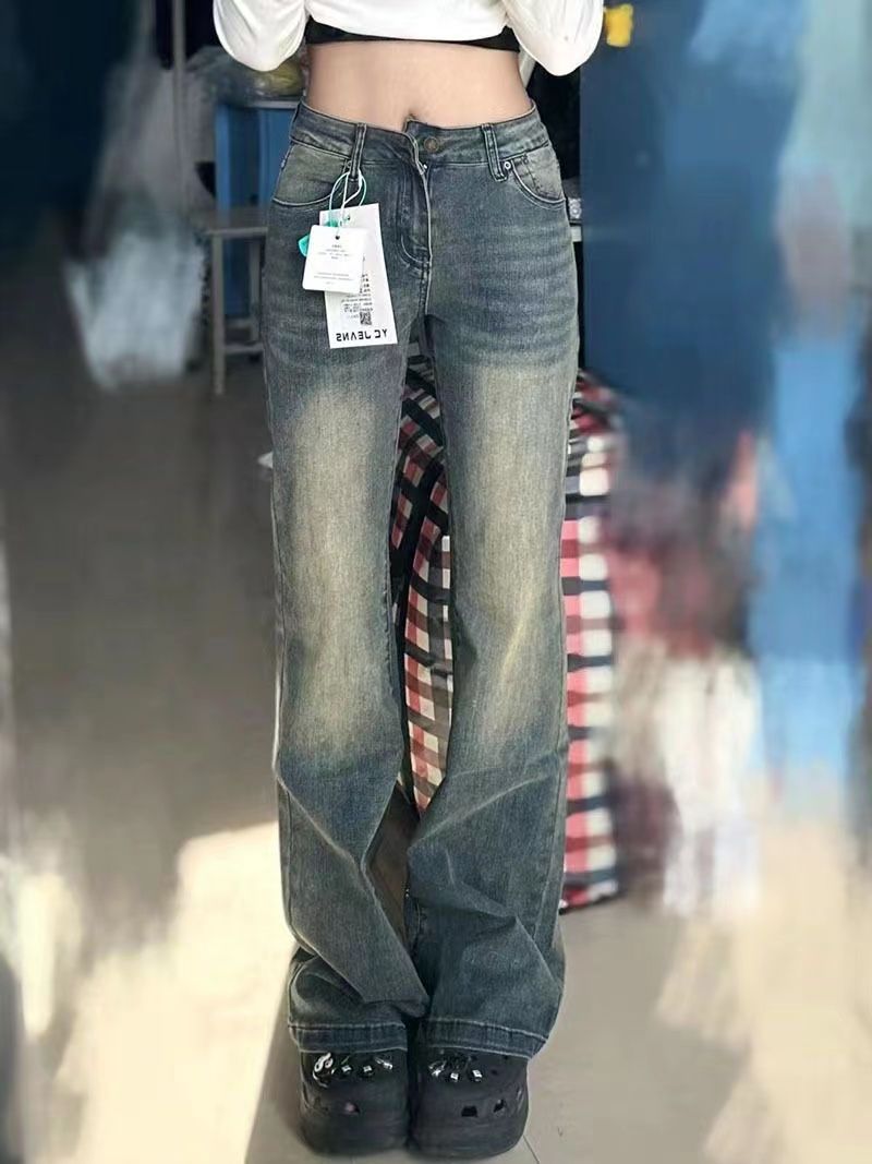 美式復古高腰牛仔褲女秋季寬鬆顯瘦直筒褲垂感拖地微喇褲長褲子潮