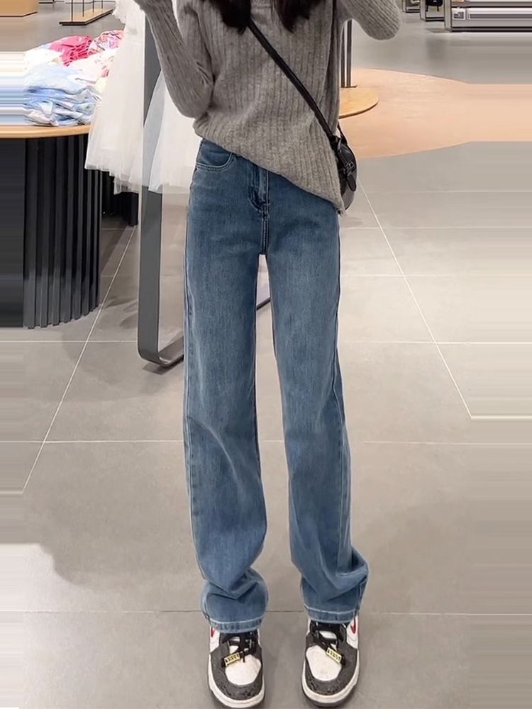 復古窄版直筒牛仔褲女冬季新款高腰修身顯瘦百搭休閒煙管拖地褲子