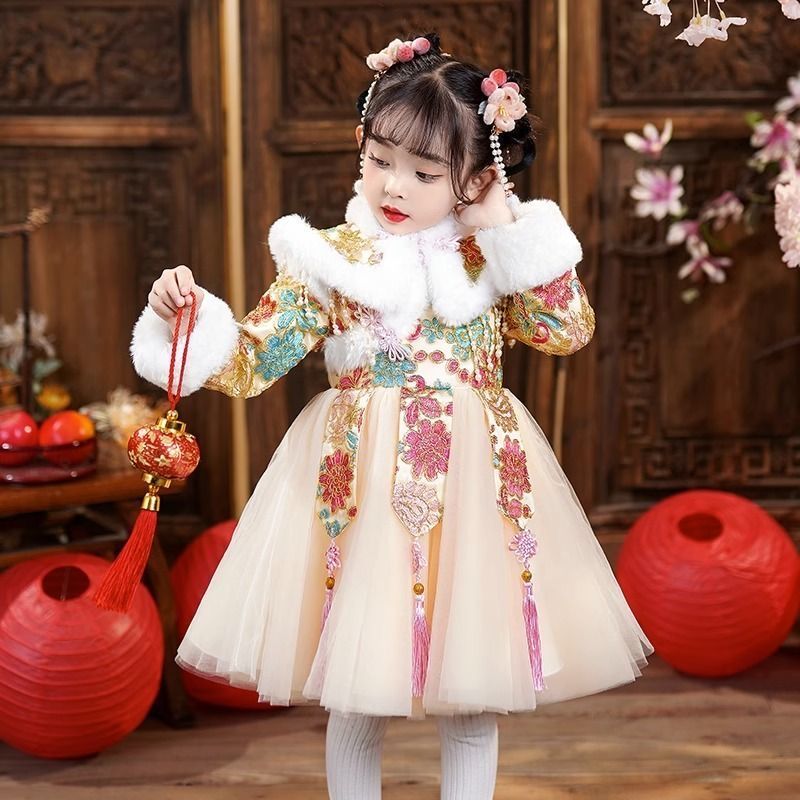 女童唐裝連衣裙冬裝新款加絨兒童漢服中國旗袍過年寶寶拜年冬季