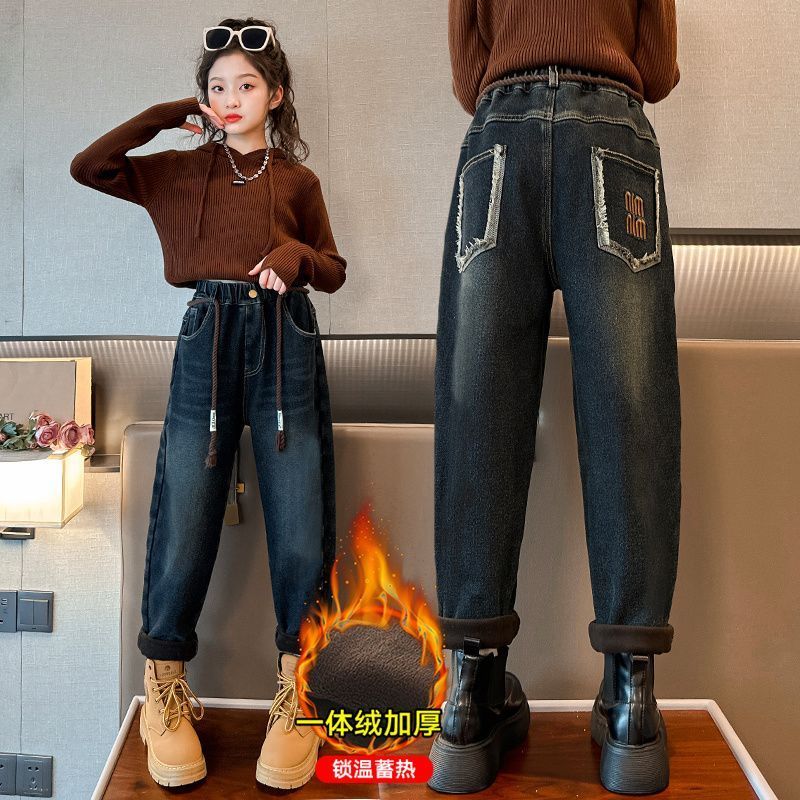 女童加絨牛仔褲秋冬款洋氣時髦老爹褲女孩冬裝兒童加厚一體絨褲子