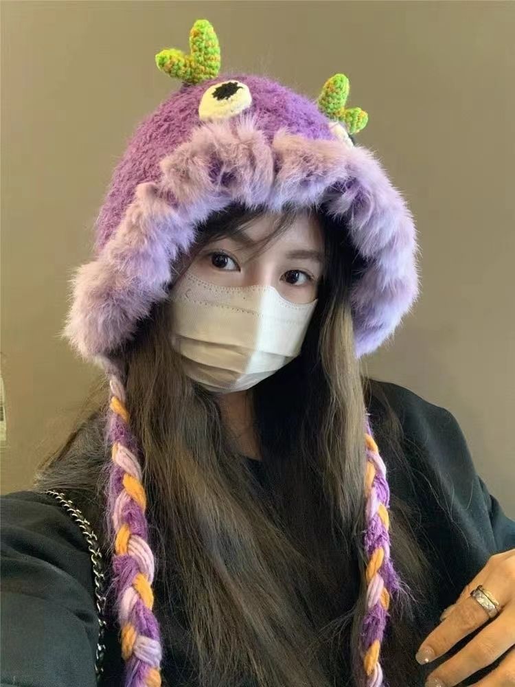 帽子女款2023新款可愛兔毛小怪獸毛絨秋冬季保暖毛線帽護耳雷鋒帽