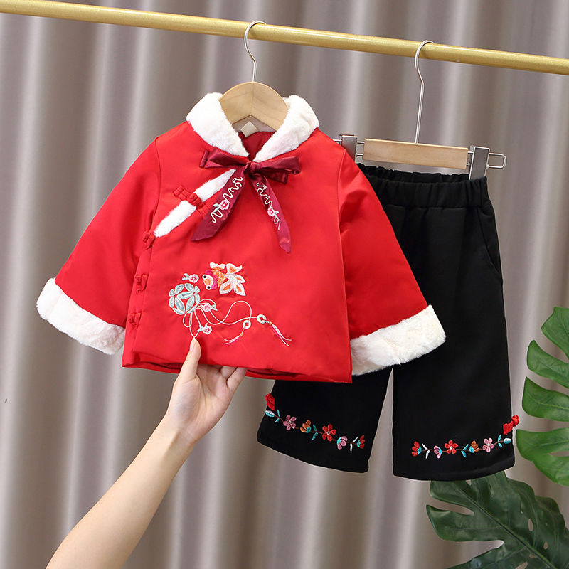 女童拜年服唐裝寶寶抓周歲禮服套裝新年裝漢服兩件套兒童冬裝棉服