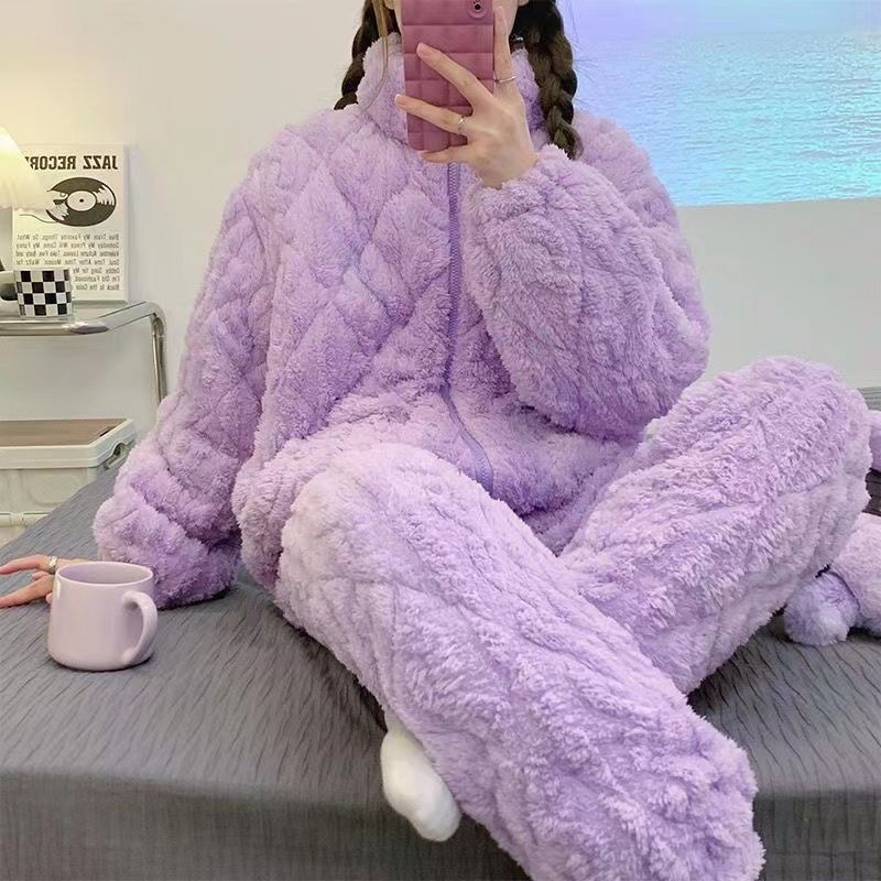 芋泥紫珊瑚绒睡衣冬季女款保暖三层夹棉袄加厚加绒家居服拉链套装