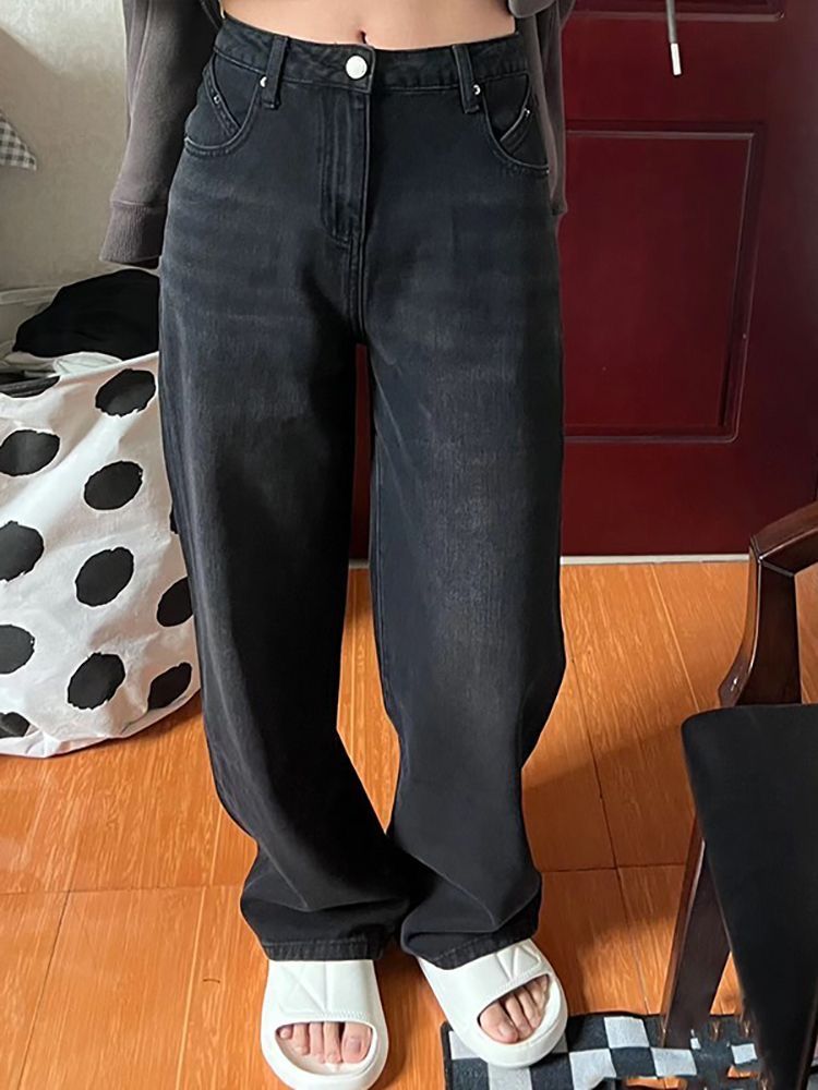 復古美式秋季設計感水洗黑灰色闊腿牛仔褲直筒顯瘦寬鬆高腰拖地褲