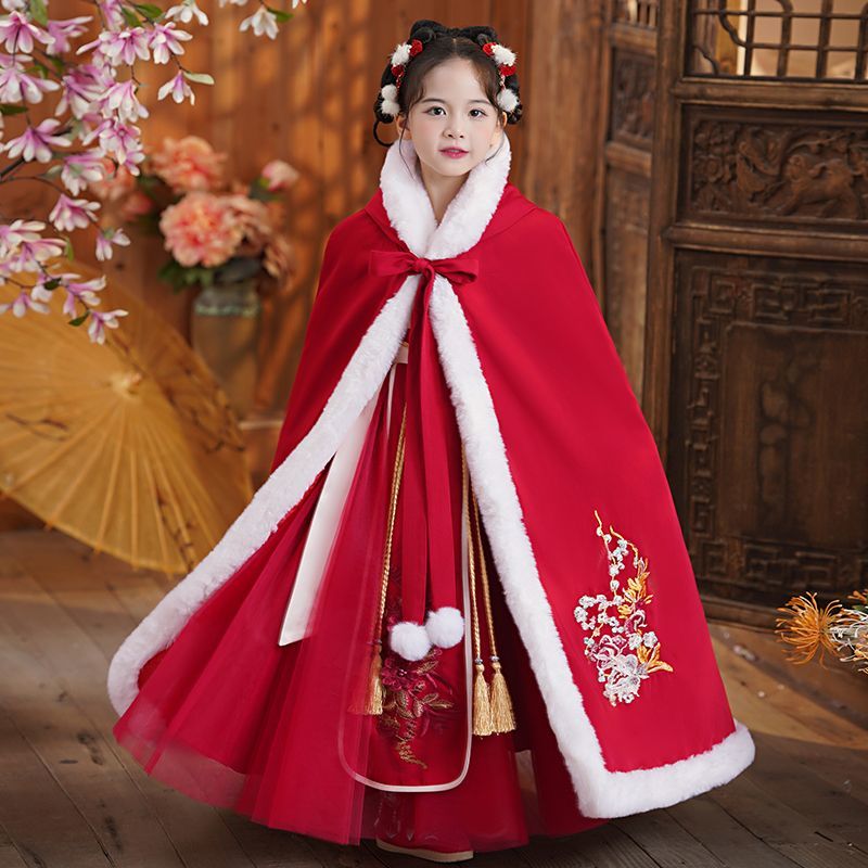漢服女童披風斗篷秋冬外出防風加厚中國風紅色女童拜年服古裝外套