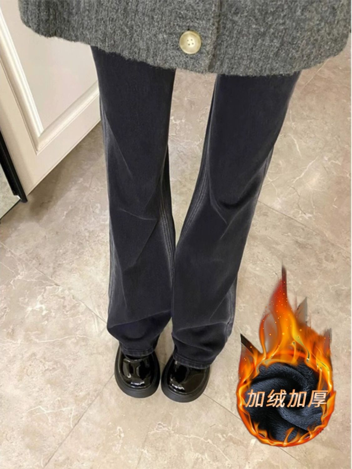加絨高腰顯瘦垂感緊身喇叭褲子大碼胖mm港風chic復古微喇牛仔褲女