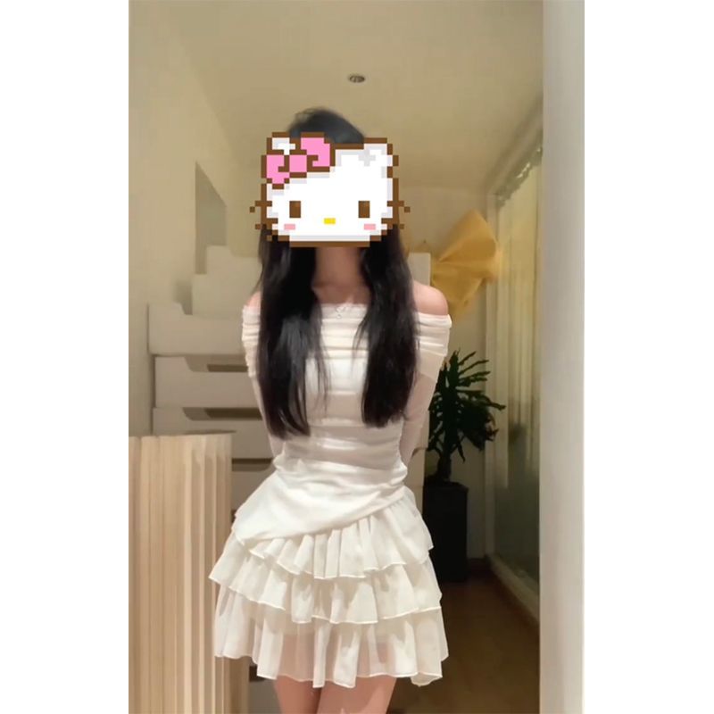 純欲甜辣套裝裙女修身顯瘦長袖一字肩上衣辣妹高腰蛋糕短裙兩件套