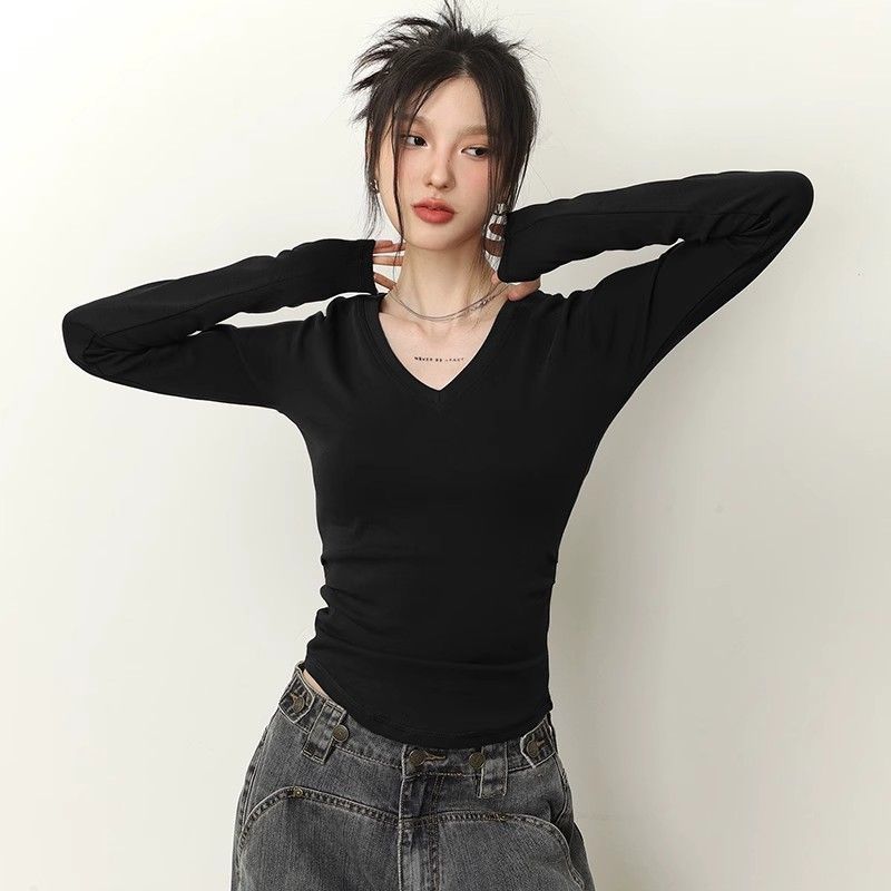 德絨軟糯打底衫秋冬新款v領長袖t恤女修身內搭設計感小眾純色上衣