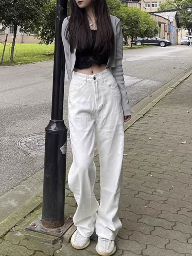 白色窄版直筒牛仔褲女冬季新款高腰寬鬆顯瘦百搭休閒闊腿拖地褲子