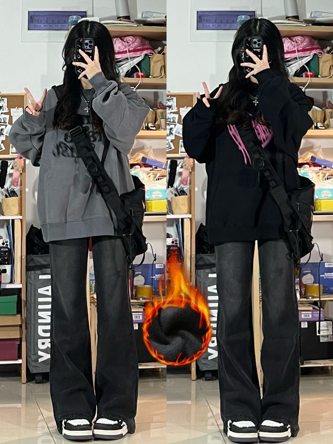 復古加絨加絨闊腿牛仔褲女大碼秋冬新款美式高腰顯瘦直筒拖地長褲