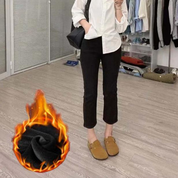 秋冬款加絨加厚小個子九分牛仔褲女寬鬆彈力高腰百搭顯瘦直筒褲字