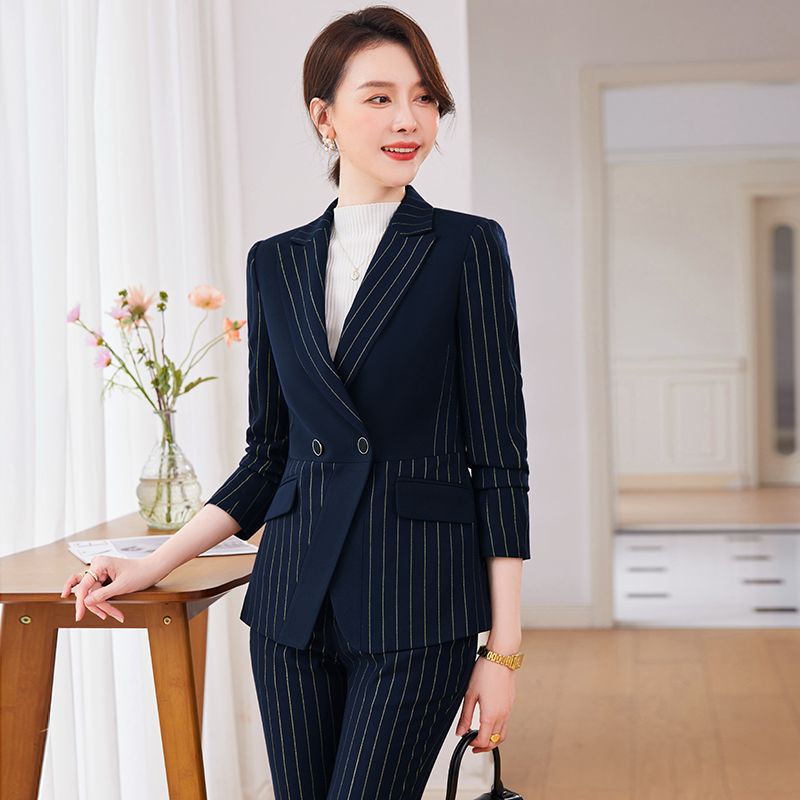 條紋西裝套裝女秋冬高端酒店銀行經理正裝職業修身西服套褲工作服