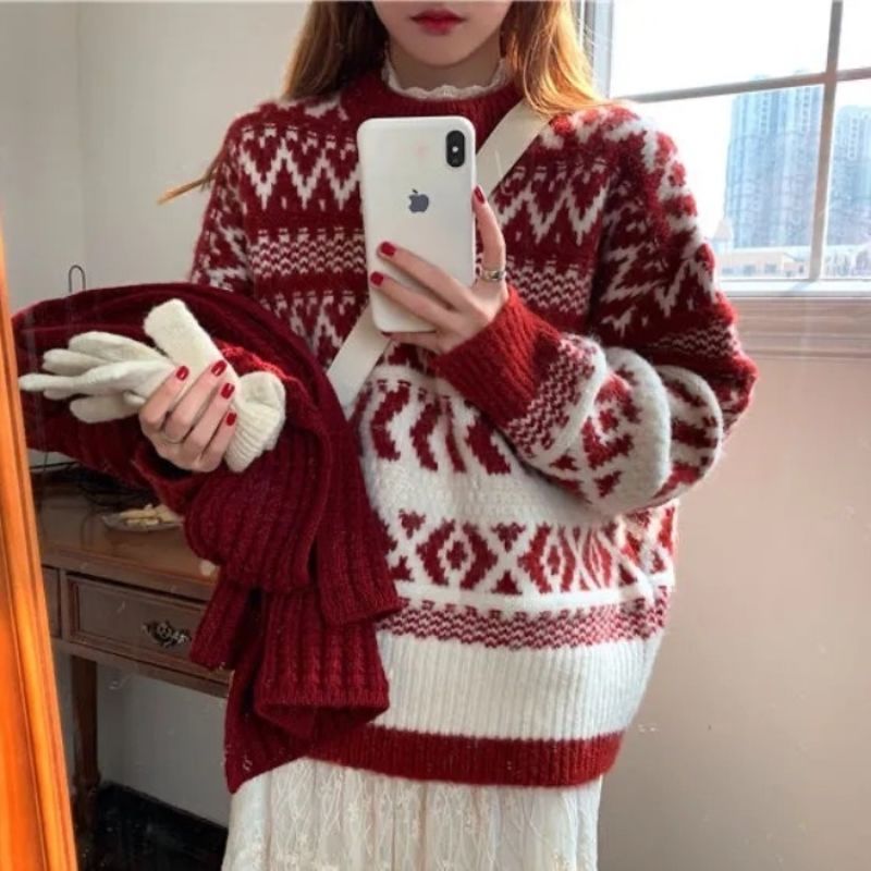 秋冬加厚紅色聖誕洋氣小個子毛衣女復古寬鬆外穿慵懶風內搭針織衫