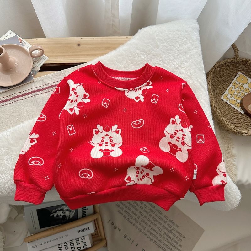 Good Luck [Thick Velvet] Children's Fashionable Round Neck Korean Style Warm Sweater