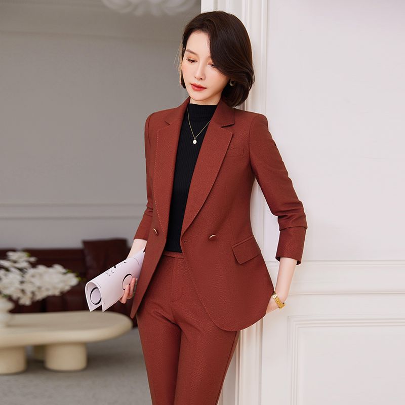 磚紅色西裝套裝女士2023新款氣質女神范職業珠寶店工作服西服外套