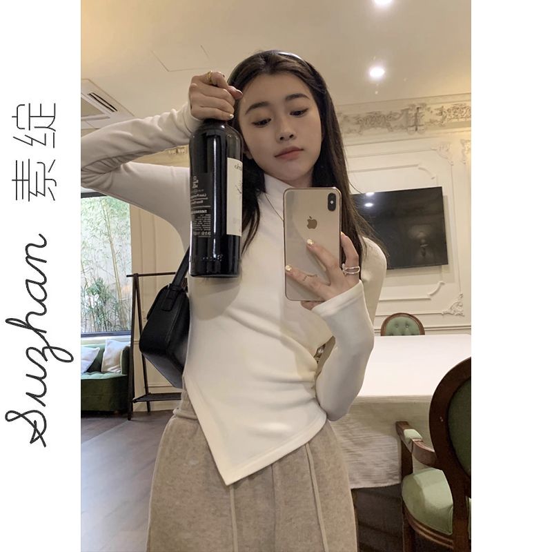 德絨半高領正肩修身長袖女秋冬疊穿內搭白色不對稱洋氣百搭上衣潮