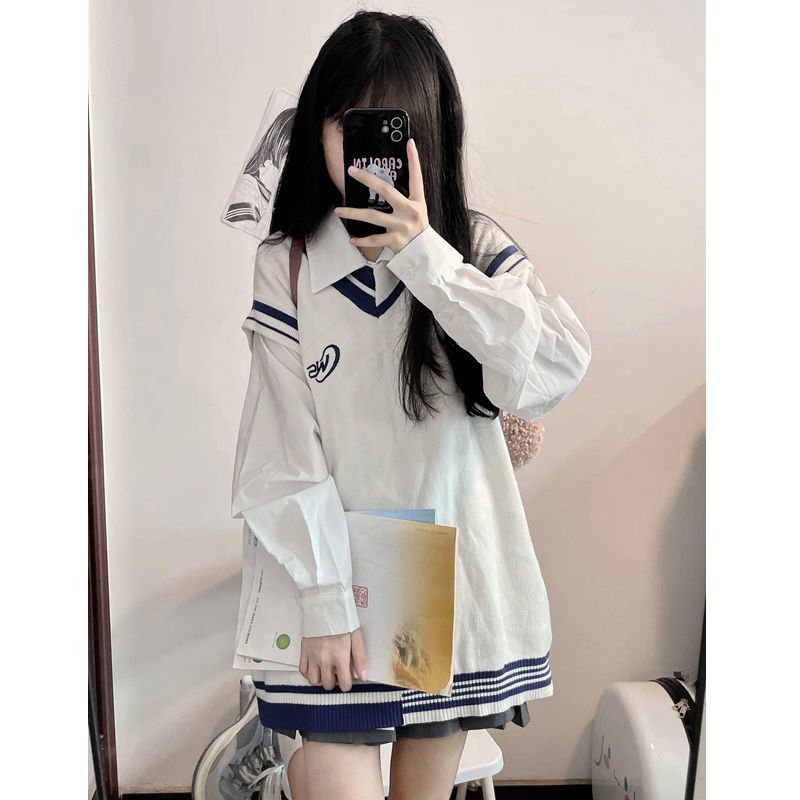 三件套女2023秋冬新款學院風V領寬鬆針織毛衣馬甲襯衫高腰半身裙