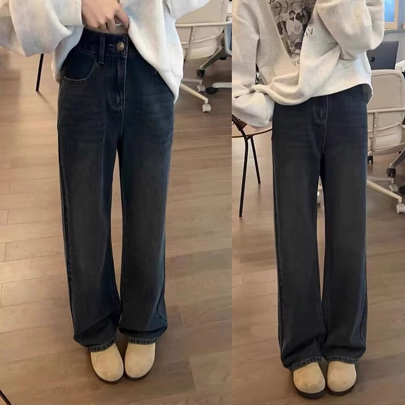 大碼胖mm美式復古牛仔褲女秋季新款寬鬆顯瘦高腰直筒闊腿拖地褲子