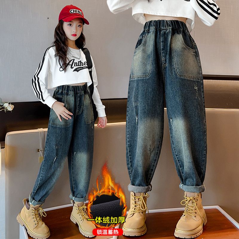 女童加絨褲子秋冬款外穿時尚休閒一體絨冬季時髦老爹褲兒童牛仔褲