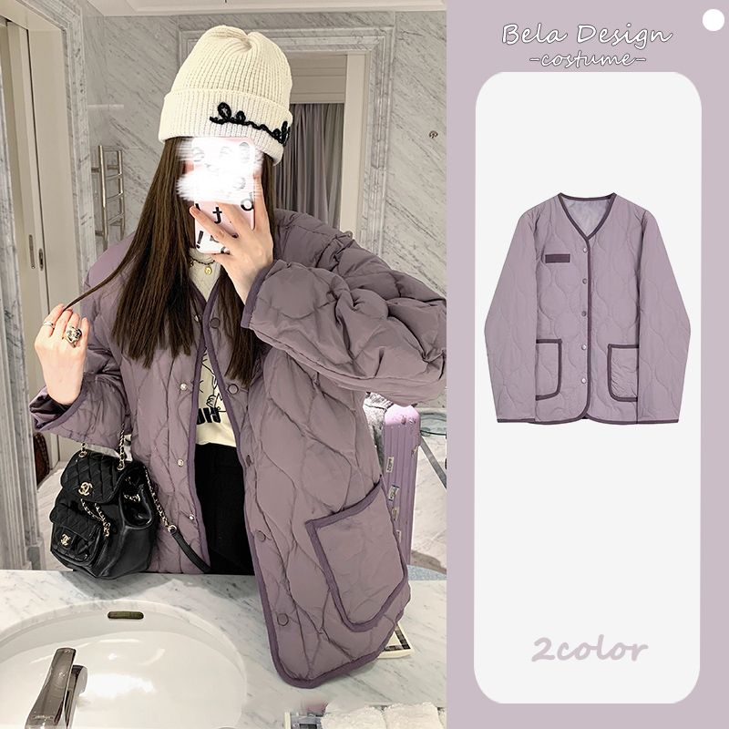 高級感超好看棉服女冬季韓版寬鬆氣質休閒兩色菱格短款棉衣小個子