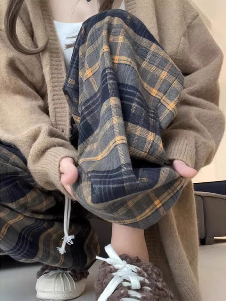 美式條紋闊腿褲女冬季新款高腰寬鬆顯瘦百搭直筒休閒格子長褲子潮