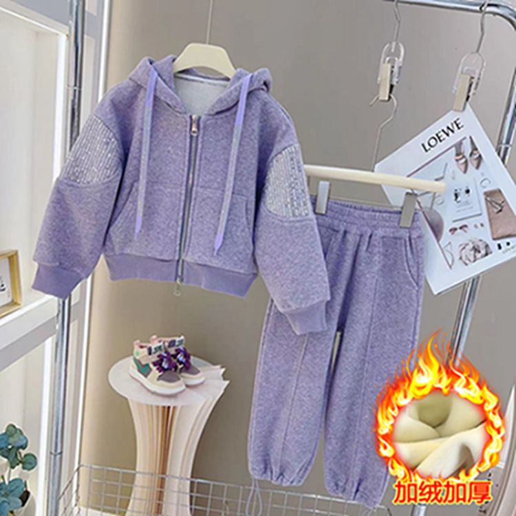 Internet celebrity girls autumn and winter suit  new medium and large children winter zipper sequined cardigan and velvet sweatpants two-piece set