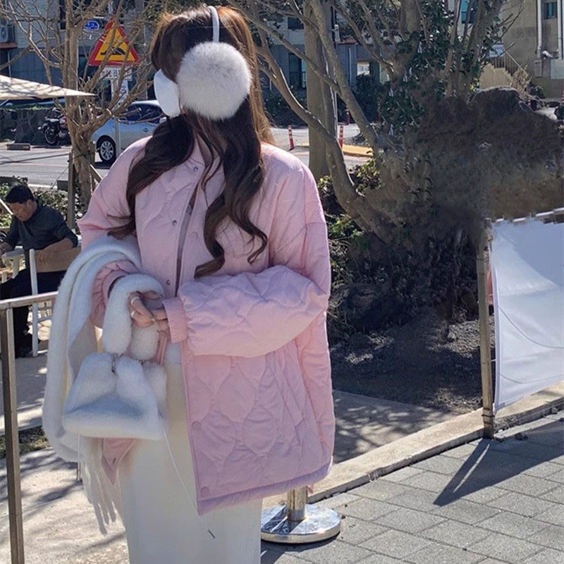 粉色棉服女2023新款韓系加厚棉襖夾棉冬季外套寬鬆oversize棉衣潮