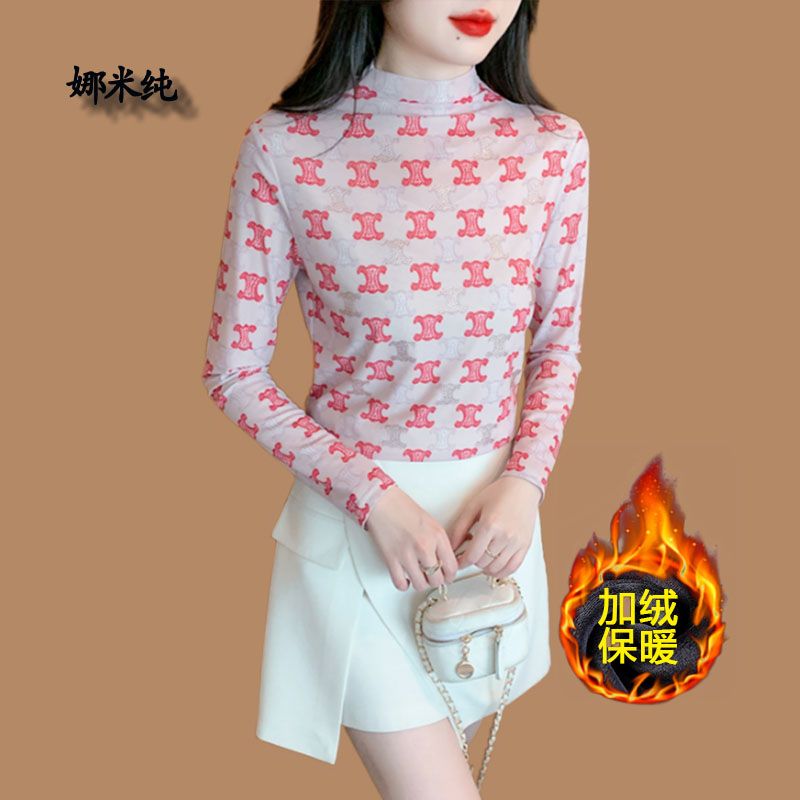 半高領加絨印花打底衫女秋冬2023新款洋氣燙鑽彈力顯瘦t恤上衣潮