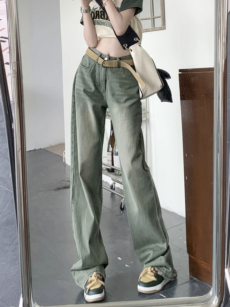 美式高街復古綠窄版直筒牛仔褲女冬季新款高腰寬鬆闊腿拖地褲子潮