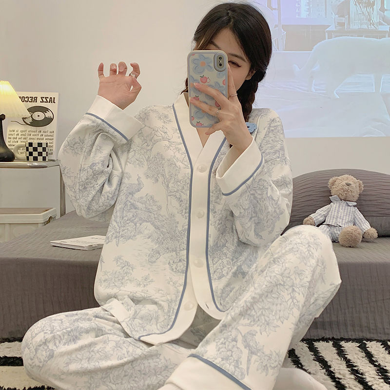 南極人睡衣女春秋季純棉長袖開衫和服套裝2023年新款可外穿家居服