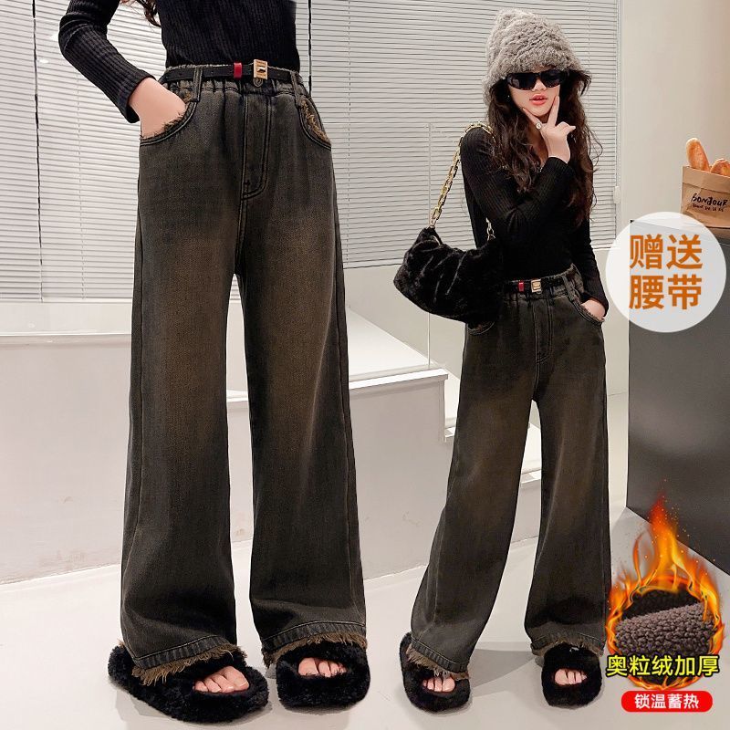 女童加絨牛仔褲秋冬款洋氣一體絨褲子2023新款中大童冬季時髦長褲