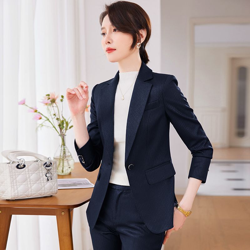 高級感條紋西裝套裝女秋冬職業裝氣質女神范工作服女士闊腿褲正裝