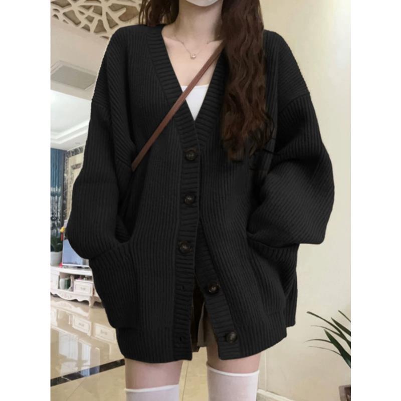 Solid color sweater jacket for women in autumn and winter new style lazy style loose casual slim V-neck versatile student knitted cardigan