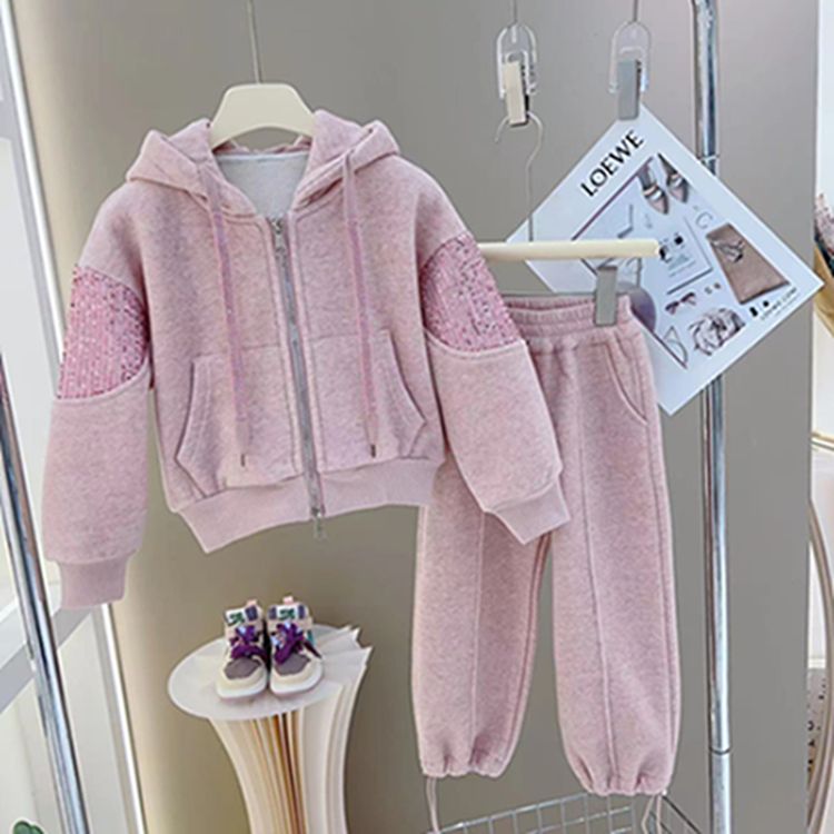 Internet celebrity girls autumn and winter suit  new medium and large children winter zipper sequined cardigan and velvet sweatpants two-piece set