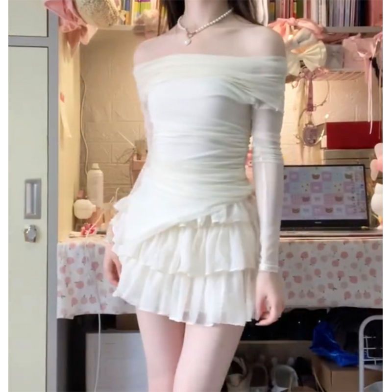 純欲風套裝女夏季新款性感露肩一字領修身上衣+高腰百褶蛋糕裙