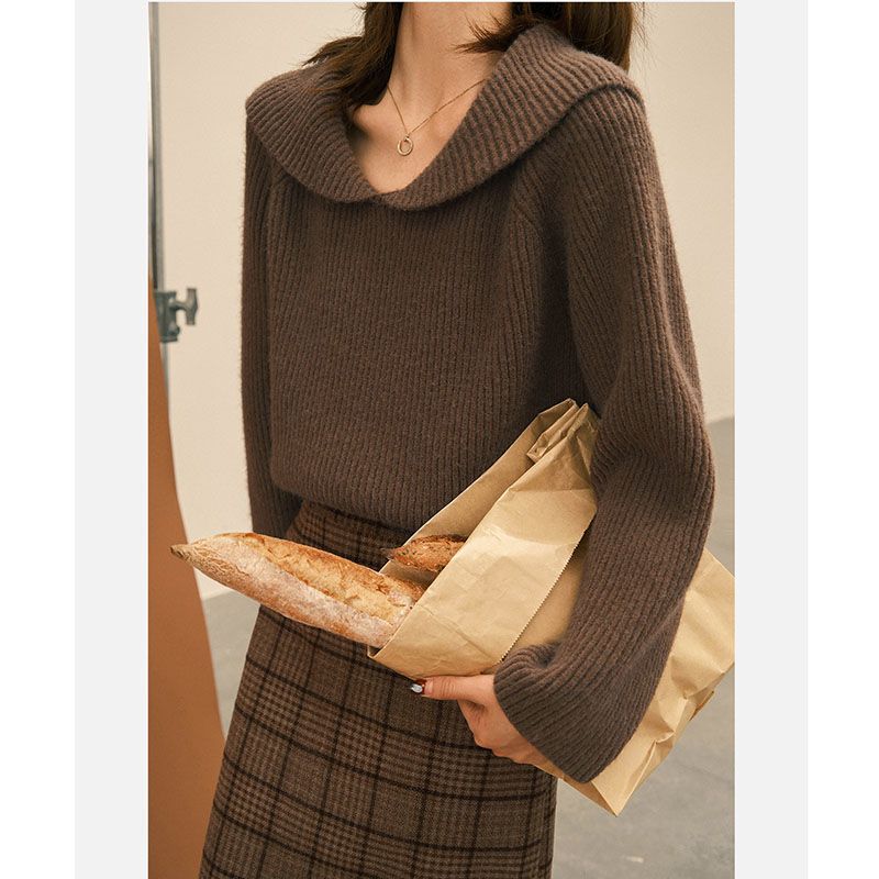 法式紅色翻領寬鬆針織衫女裝2023秋冬季新款插肩袖慵懶風毛衣
