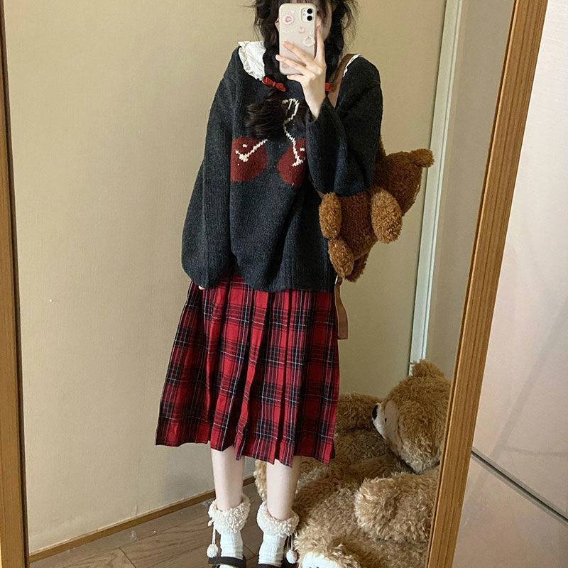 秋冬季新款甜美慵懶風針織套頭毛衣女學生寬鬆顯瘦櫻桃軟糯上衣潮