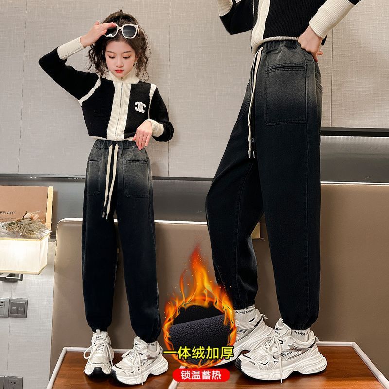 女童加絨牛仔褲秋冬時髦休閒一體絨長褲2023新款大童冬天加厚褲子