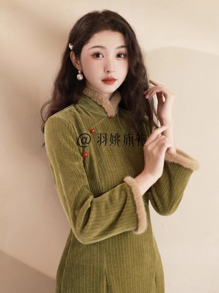 新中式旗袍2023冬款女中國風年輕款長袖綠色復古氣質改良加絨保暖