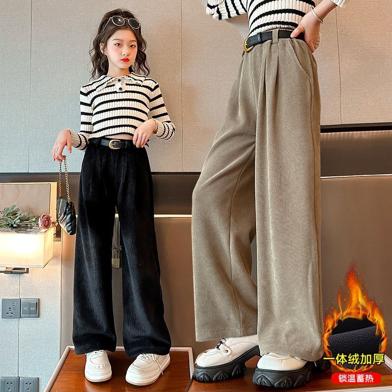 女童褲子秋冬天外穿寬鬆2023新款中大童女孩時尚加絨一體絨闊腿褲
