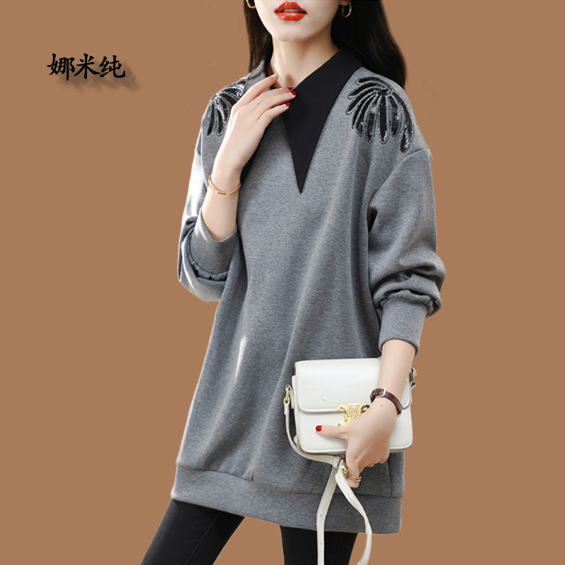 時尚大碼假兩件衛衣女裝秋冬中長款衛衣加絨寬鬆減齡洋氣外套上衣
