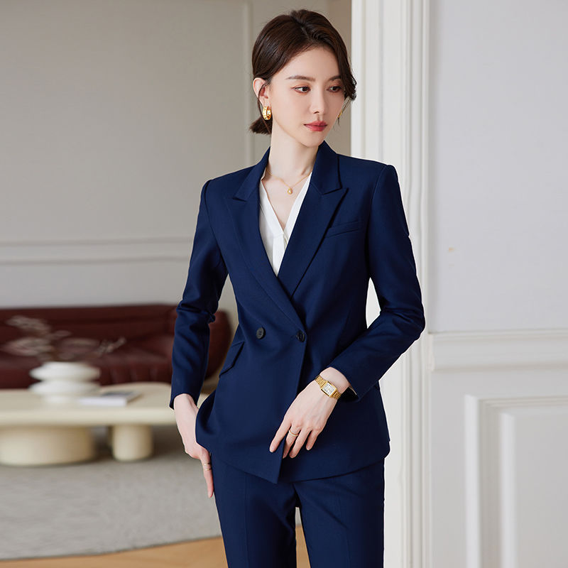 深藍色西裝外套女士2023秋冬新款通勤女神范職業裝酒店售樓處工服