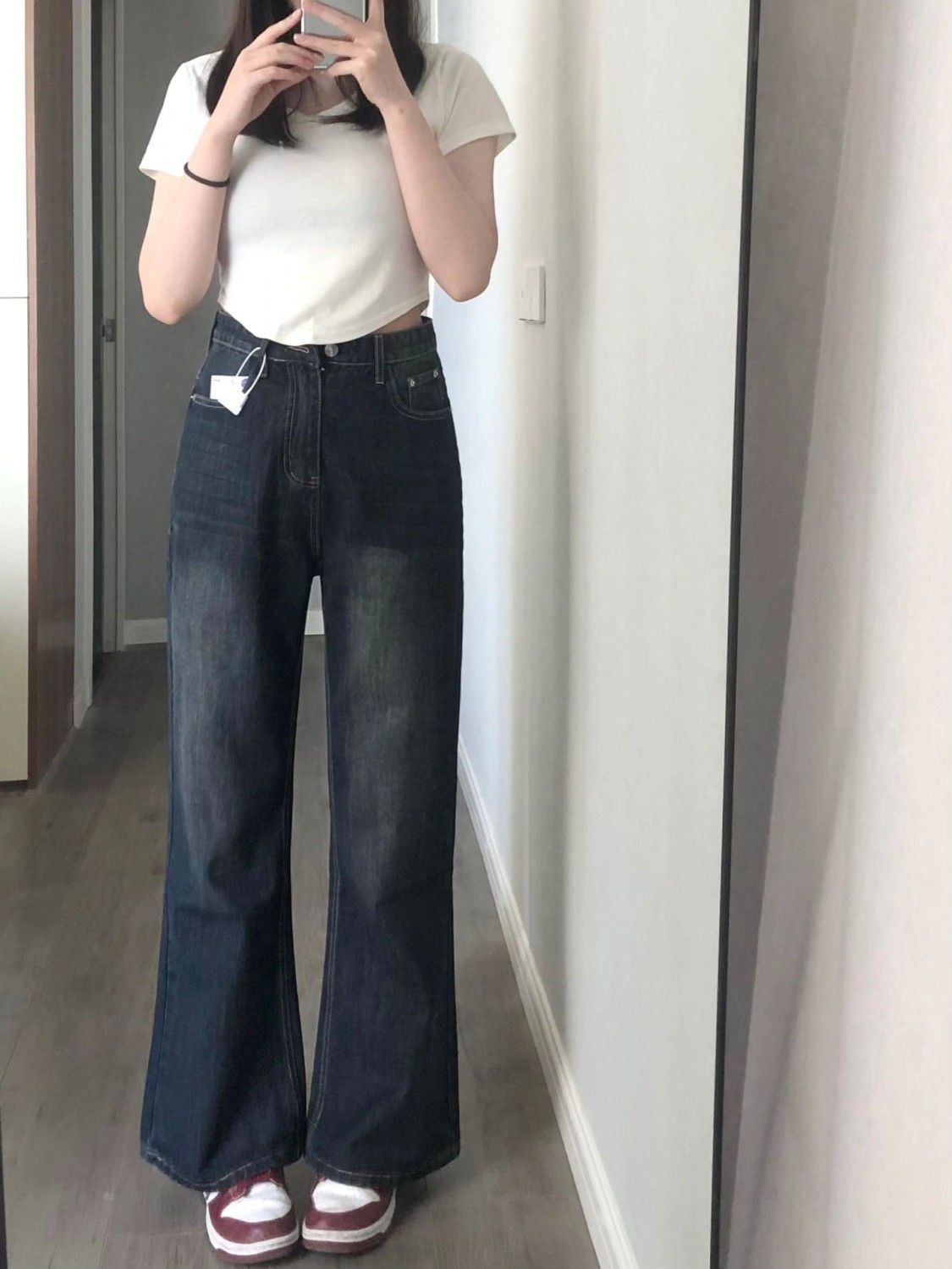 微喇牛仔褲女加絨加厚秋冬梨形身材高腰顯瘦寬鬆直筒闊腿拖地褲冬