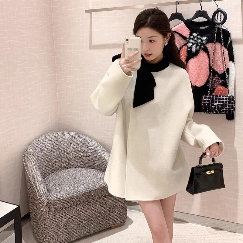 黑白撞色羊毛大衣女秋冬2023新款韓系赫本風小個子外套高級感上衣